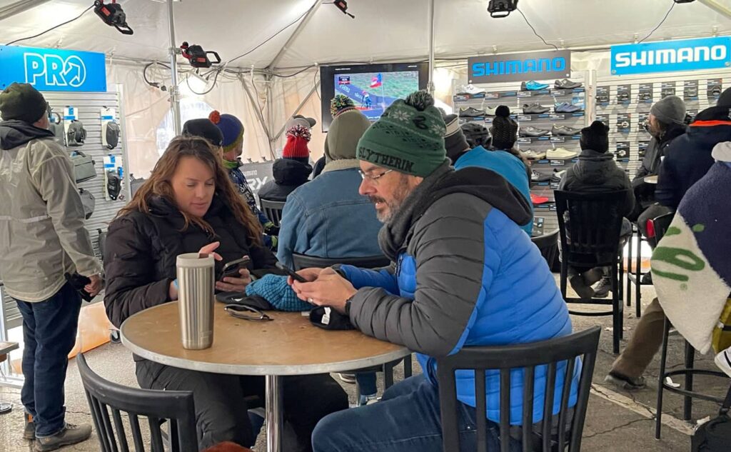 Under the tent at a cycling event.